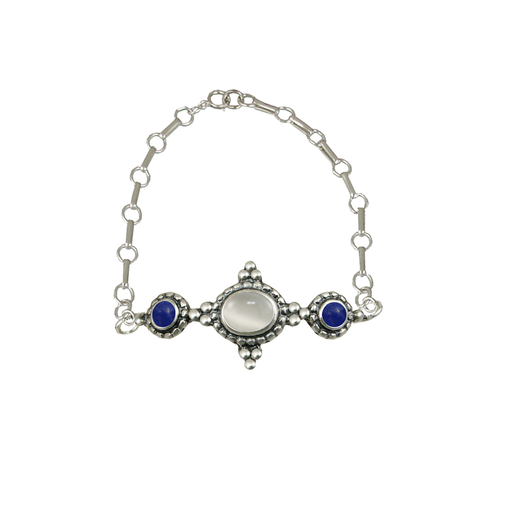 Sterling Silver Gemstone Adjustable Chain Bracelet With White Moonstone And Lapis Lazuli